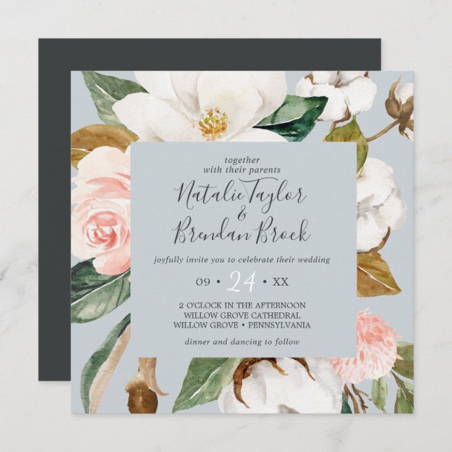 Elegant Magnolia | Blue Gray Square Wedding Invitation (Front/Back)