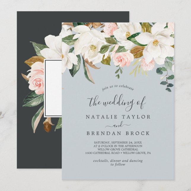 Elegant Magnolia | Blue Gray The Wedding Of Invitation (Front/Back)