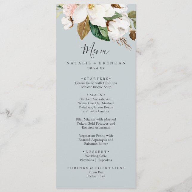 Elegant Magnolia Blue Gray Wedding Dinner Menu (Front)