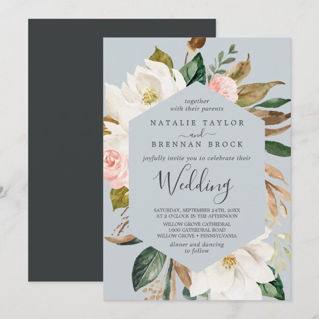Elegant Magnolia | Blue Gray Wedding Invitation (Front/Back)