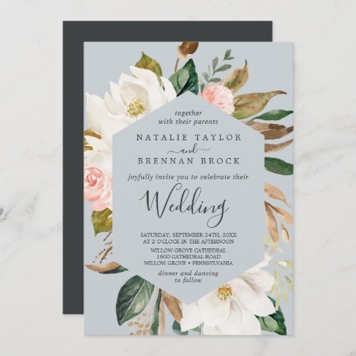 Elegant Magnolia  Blue Gray Wedding Invitation