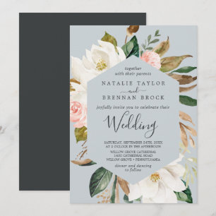 Elegant Magnolia Blue Gray Wedding Invitation