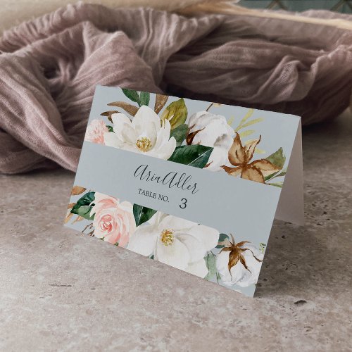 Elegant Magnolia Blue Gray Wedding Place Cards