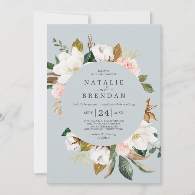 Elegant Magnolia | Blue Gray with Date Wedding Invitation (Front)
