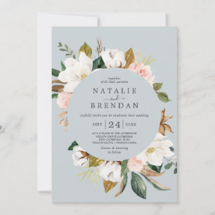 Elegant Magnolia   Blue Gray with Date Wedding Invitation