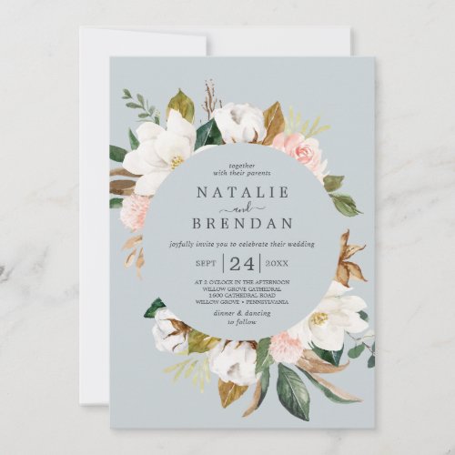 Elegant Magnolia  Blue Gray with Date Wedding Invitation