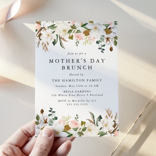 Elegant Magnolia Blush Floral Mothers Day Brunch Invitation
