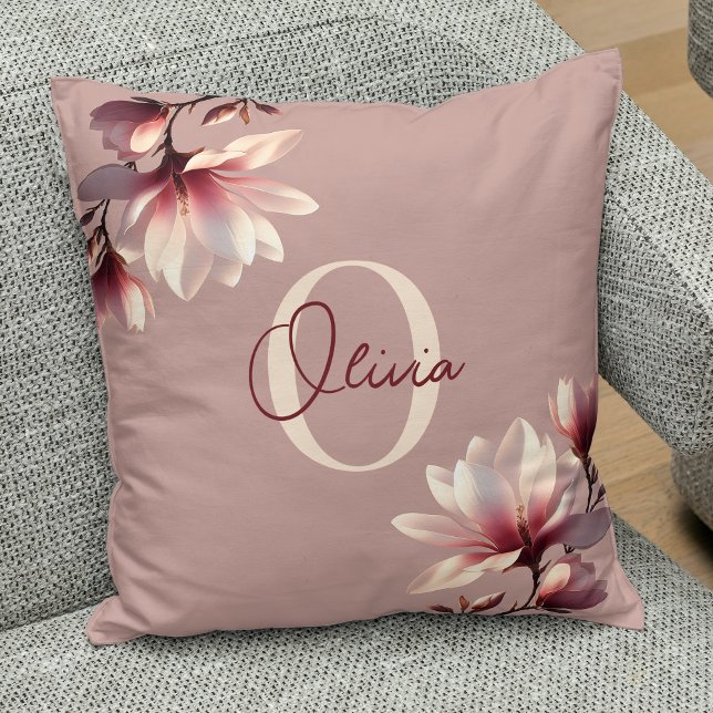 Elegant Magnolia Blush Monogram  Throw Pillow (Creator Uploaded)
