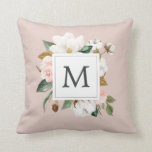 Elegant Magnolia | Blush Monogrammed Throw Pillow<br><div class="desc">This elegant magnolia blush monogrammed throw pillow is the perfect gift for her. The soft floral design features watercolor blush pink peonies,  stunning white magnolia flowers and cotton with gold and green leaves in a luxurious arrangement. Personalize the decorative pillow with her initial.</div>