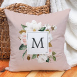 Elegant Magnolia | Blush Monogrammed Throw Pillow<br><div class="desc">This elegant magnolia blush monogrammed throw pillow is the perfect gift for her. The soft floral design features watercolor blush pink peonies,  stunning white magnolia flowers and cotton with gold and green leaves in a luxurious arrangement. Personalize the decorative pillow with her initial.</div>
