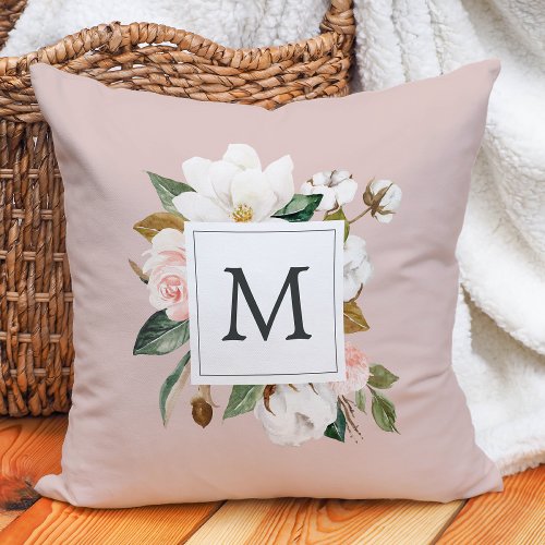 Elegant Magnolia  Blush Monogrammed Throw Pillow