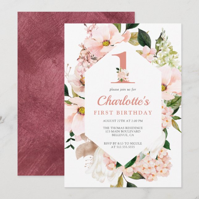 Elegant Magnolia Blush Pink Floral First Birthday Invitation (Front/Back)