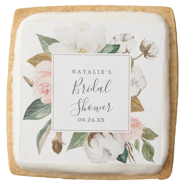 Elegant Magnolia Bridal Shower Favor Square Shortbread Cookie (Front)