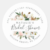 Elegant Magnolia Bridal Shower Return Address Classic Round Sticker (Front)
