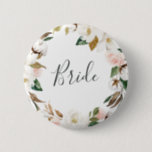 Elegant Magnolia Bride Bridal Shower Button<br><div class="desc">This elegant magnolia bride bridal shower button is perfect for a modern classy wedding shower. The soft floral design features watercolor blush pink peonies,  stunning white magnolia flowers and cotton with gold and green leaves in a luxurious arrangement.</div>