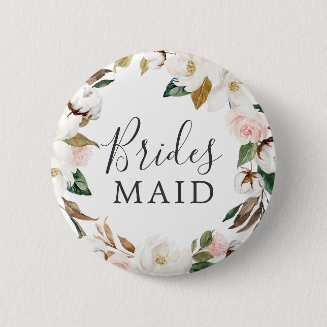 Elegant Magnolia Bridesmaid Bridal Shower Button (Front)