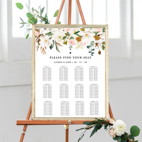 Elegant Magnolia  Cotton Wedding Seating Chart   Foam Board