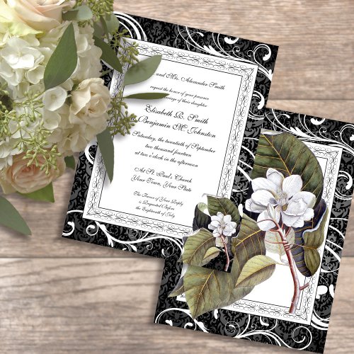 Elegant Magnolia Damask Southern Belle Wedding Invitation