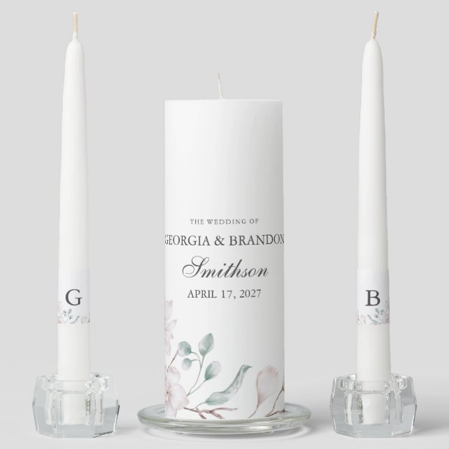 Elegant Magnolia Eucalyptus Wedding Unity Candle Set (Front)