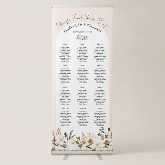 Elegant Magnolia Floral Arch Frame Seating Chart Retractable Banner (Front)