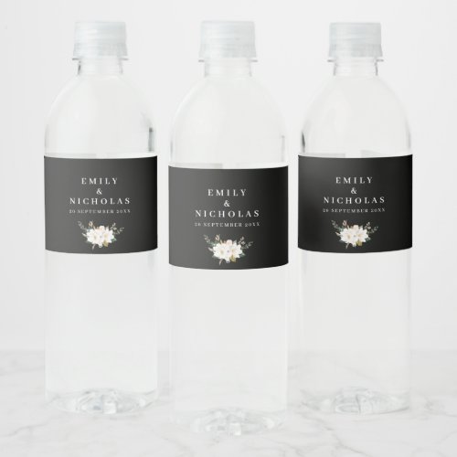 elegant magnolia floral black wedding water bottle label