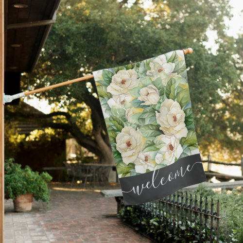 Elegant Magnolia Floral Black Welcome Script House Flag