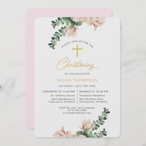 Elegant Magnolia Floral Blush Purple Christening Invitation