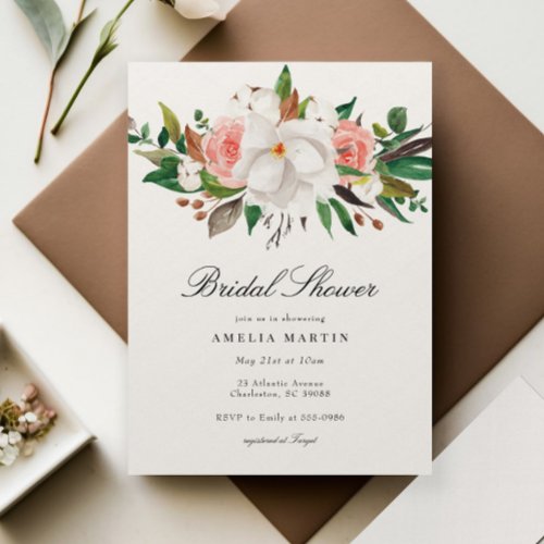 Elegant Magnolia Floral Bridal Shower Invitation