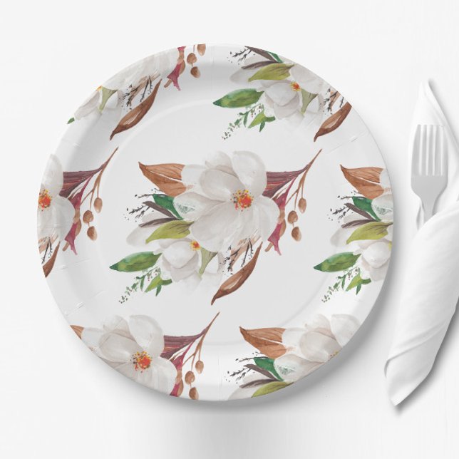 Elegant Magnolia Floral Bridal Shower Paper Plates (Creator Uploaded)