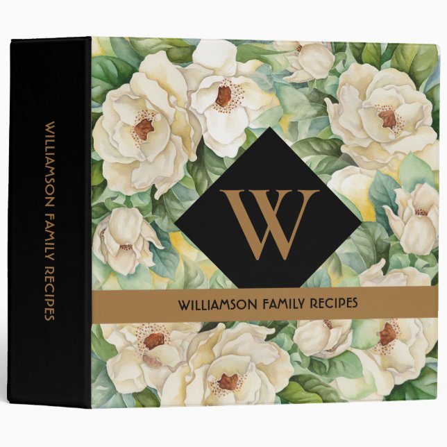 Elegant Magnolia Floral Gold Monogram Name Recipes 3 Ring Binder (Front/Spine)