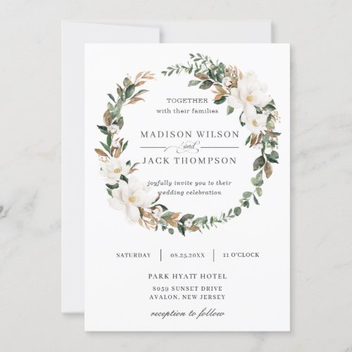 Elegant Magnolia Floral Greenery Wreath Wedding Invitation