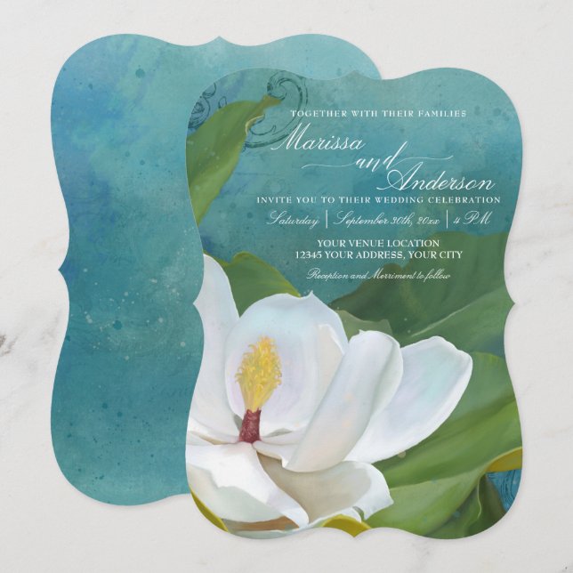 Elegant Magnolia Floral Modern Rustic Typography Invitation (Front/Back)