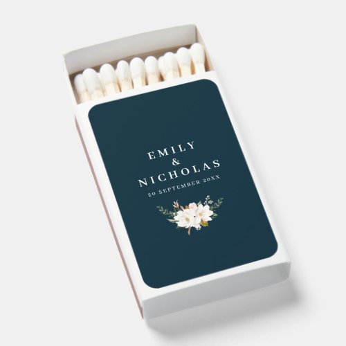 elegant magnolia floral navy blue wedding matchboxes