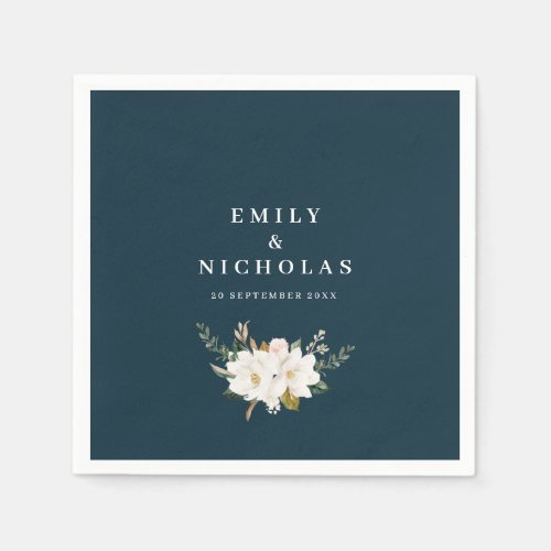 elegant magnolia floral navy blue wedding napkins