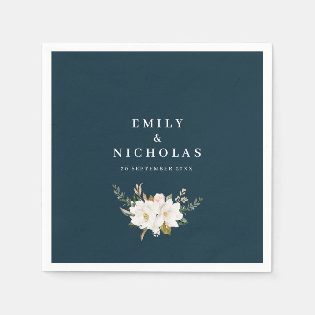 elegant magnolia floral navy blue wedding napkins (Front)