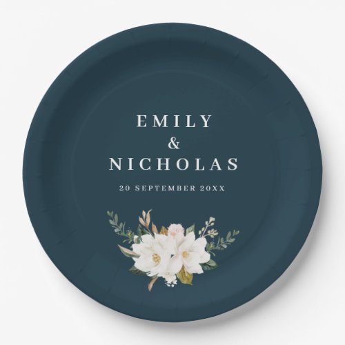 elegant magnolia floral navy blue wedding paper plates