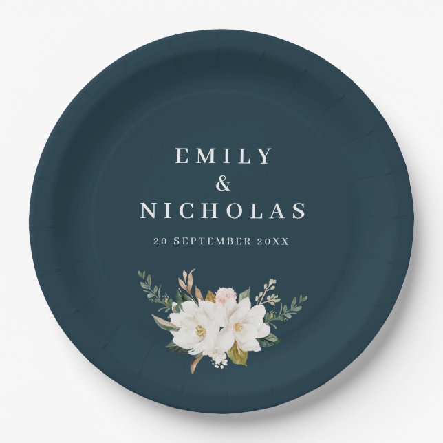 elegant magnolia floral navy blue wedding paper plates (Front)