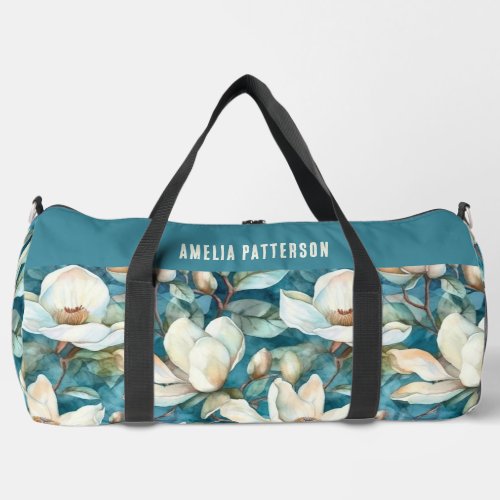 Elegant Magnolia Floral Pattern Personalized Name Duffle Bag