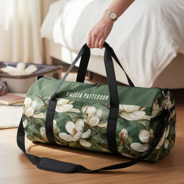 Elegant Magnolia Floral Pattern Personalized Name Duffle Bag (Creator Uploaded)