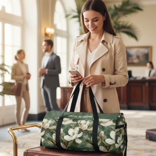 Elegant Magnolia Floral Pattern Personalized Name Duffle Bag
