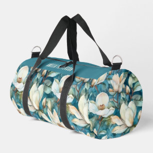 Elegant Magnolia Floral Pattern Personalized Name Duffle Bag