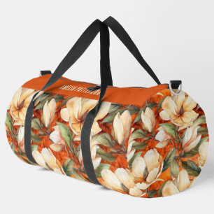 Elegant Magnolia Floral Pattern Personalized Name Duffle Bag
