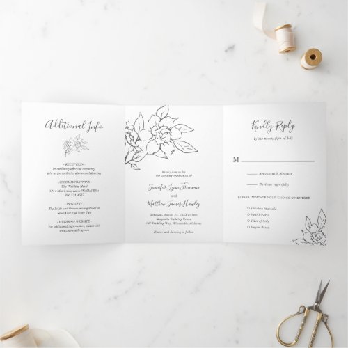 Elegant Magnolia Floral Photo All In One Wedding Tri_Fold Invitation