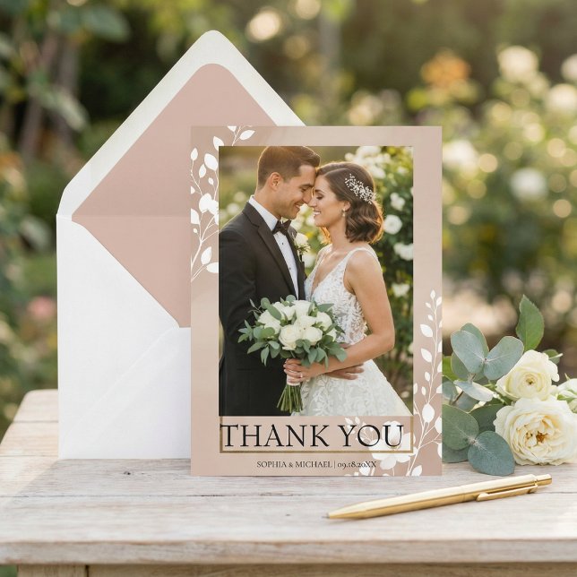 Elegant Magnolia Floral Photo Wedding Thank You Card (Creator Uploaded)