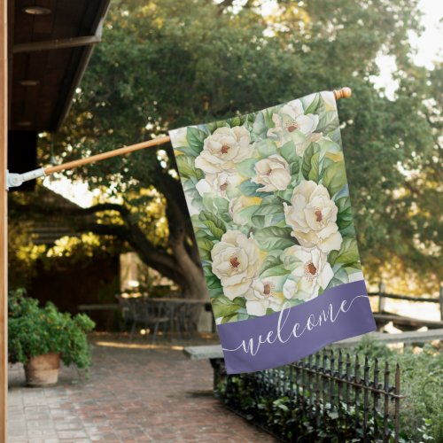 Elegant Magnolia Floral Purple Welcome Script House Flag