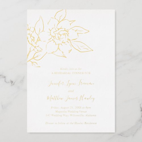 Elegant Magnolia Floral Rehearsal Dinner Gold Foil Invitation