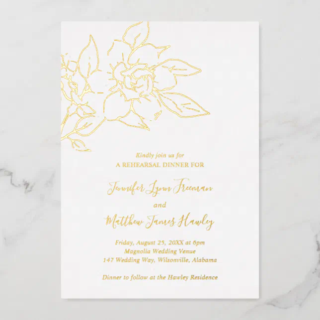 Elegant Magnolia Floral Rehearsal Dinner Gold Foil Invitation | Zazzle