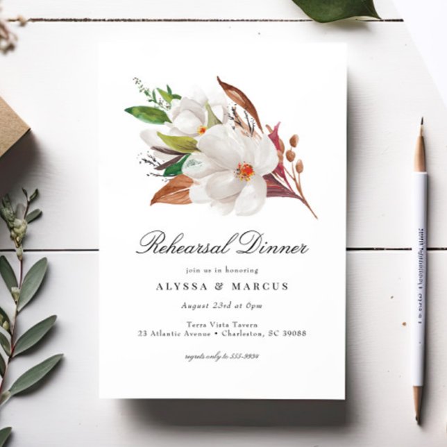Elegant Magnolia Floral Rehearsal Dinner Invitation (Creator Uploaded)