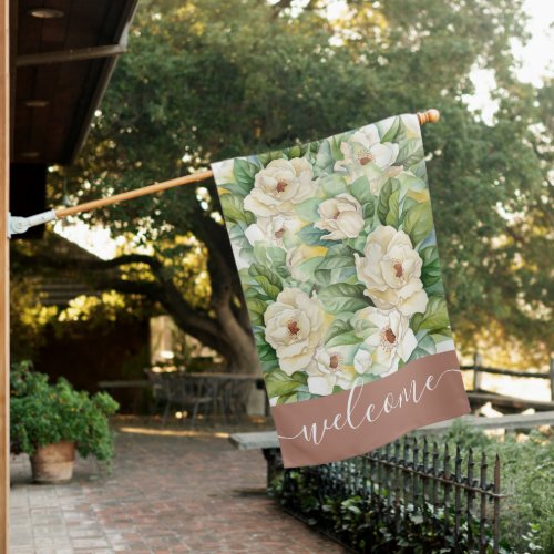 Elegant Magnolia Floral Rose Gold Welcome Script House Flag