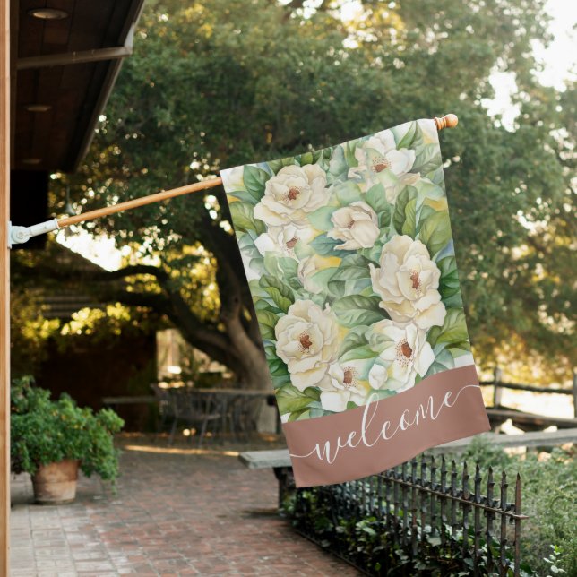 Elegant Magnolia Floral Rose Gold Welcome Script House Flag (In SItu)